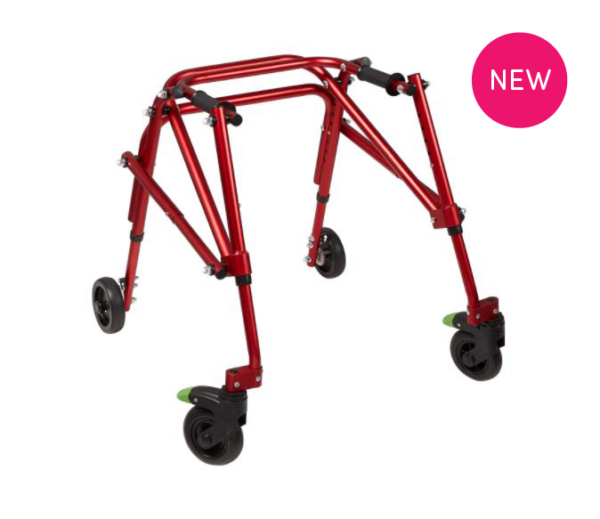 Red Circle Specialty Klip posterior gait walker, shown from front three-quarter view, featuring four wheels, adjustable height frame, and open walking position behind the user