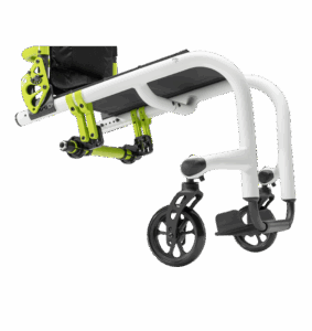 Side view of the Rogue XP wheelchair frame showing the fold-down footplate and caster wheels.