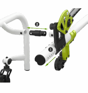 Close-up of the Rogue XP adjustable frame mechanism with white tubing and neon green components.