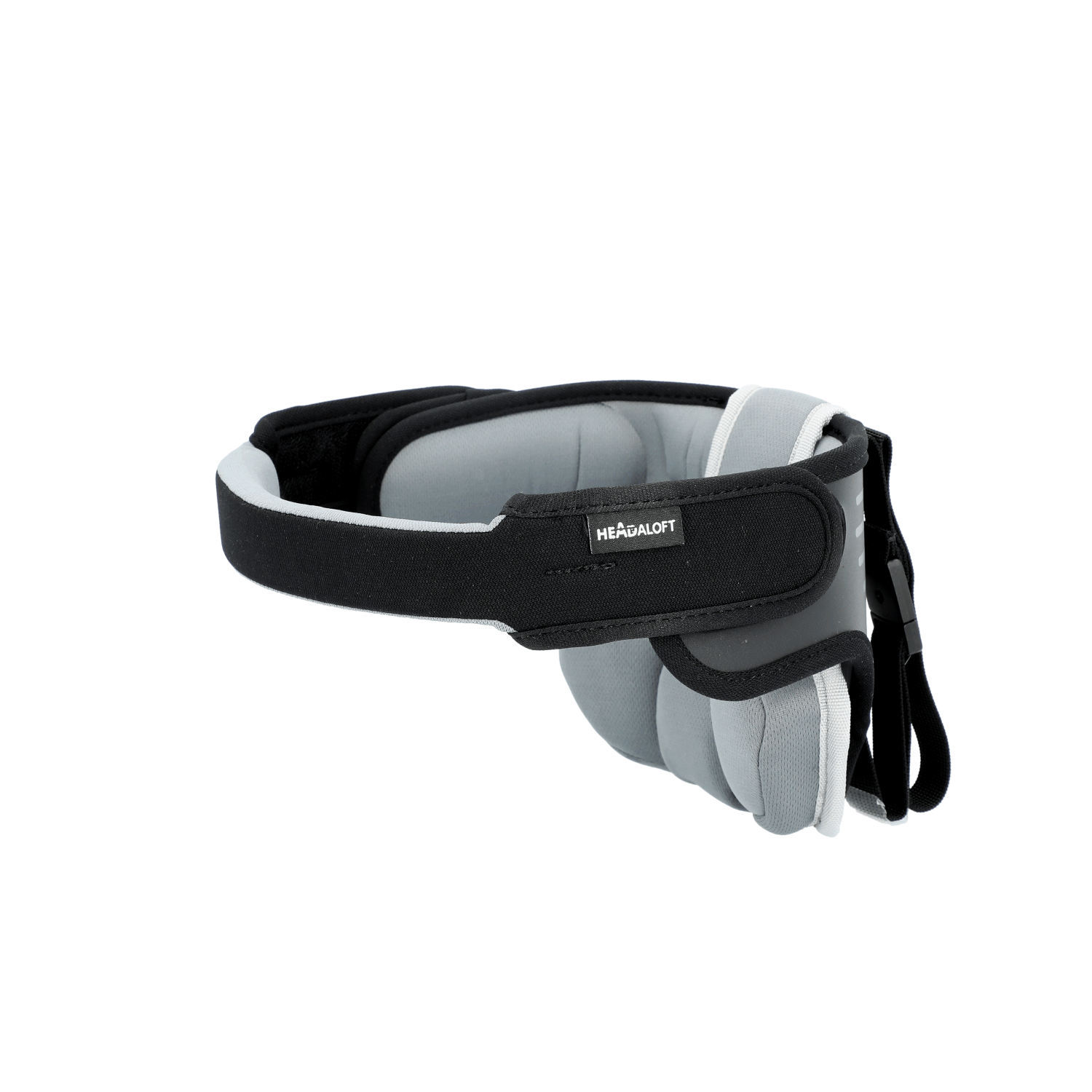 Side view of the Headaloft head support, showing how it wraps around a headrest.