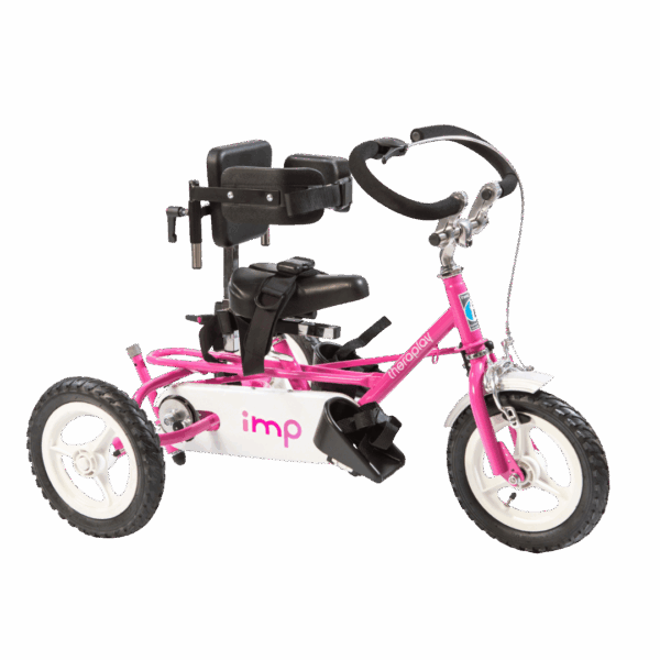 Theraplay IMP tricycle in pink with black postural supports and handlebar, shown in side view.
