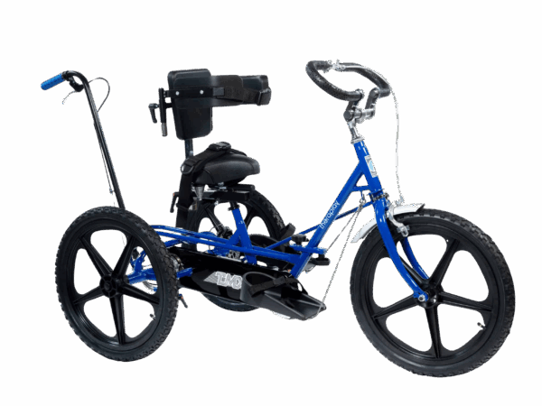 Front and side view of the blue Theraplay TMX Tricycle with support seat and handlebars, photographed on a black background.