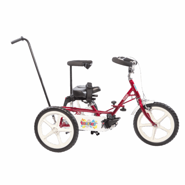 Side profile of the Theraplay Terrier adaptive trike showing rear push bar and adjustable seating