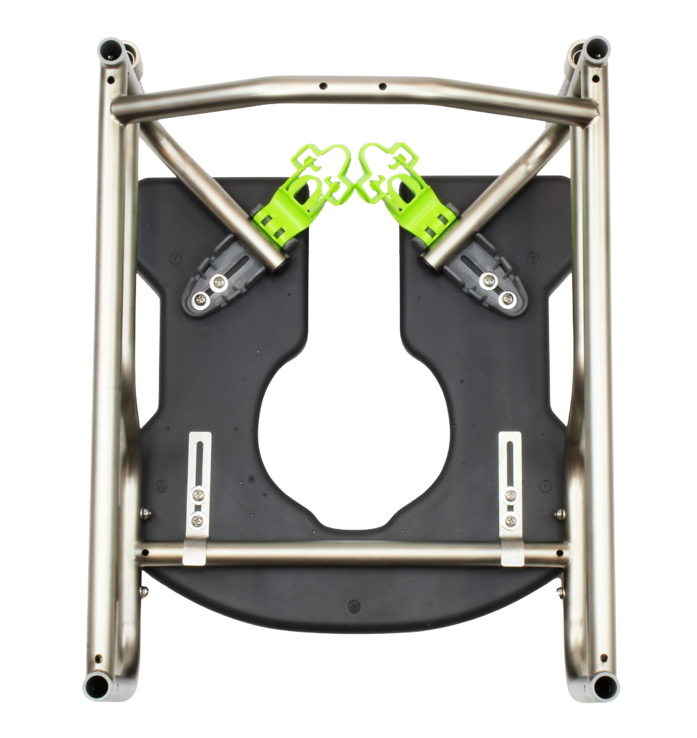 Underside view of the Raze by Raz frame with stainless steel structure and green locking clips.