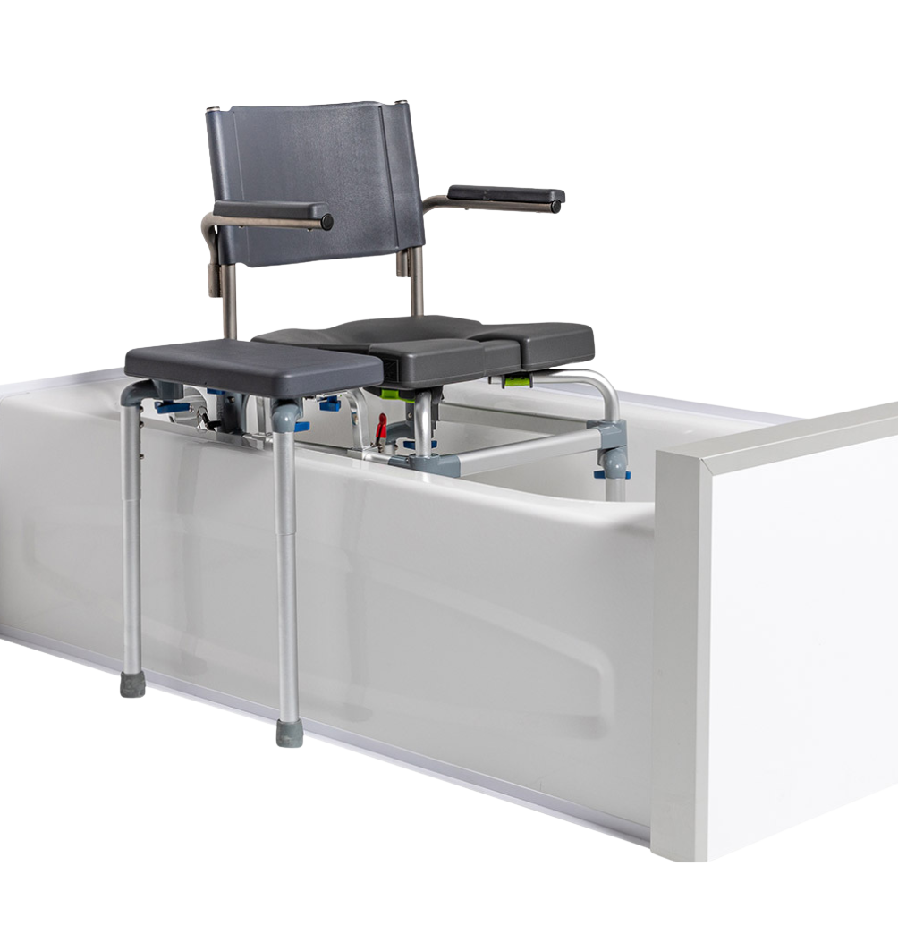 Raze by Raz bath transfer system positioned over a bathtub with padded seat and backrest