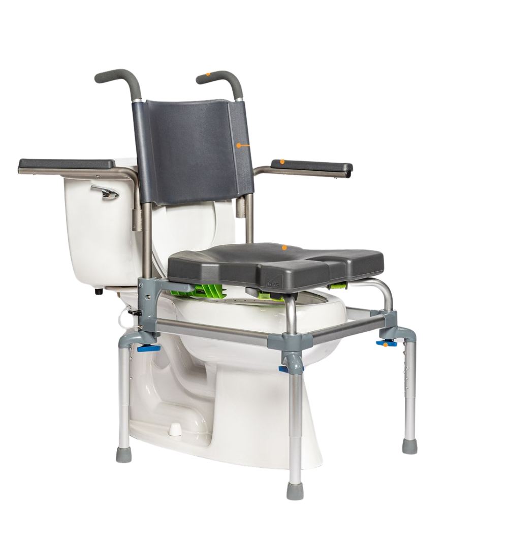 Raze by Raz bath and toilet transfer chair positioned securely over a standard toilet.
