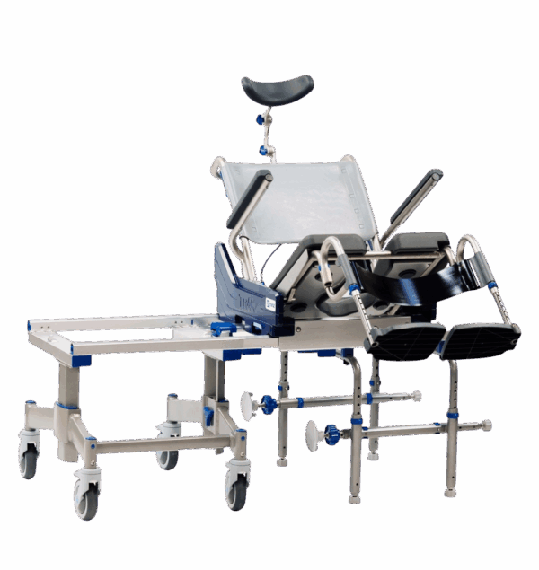 TRAZK Tub Slider tilt-in-space transfer system with padded seat and wheeled frame.