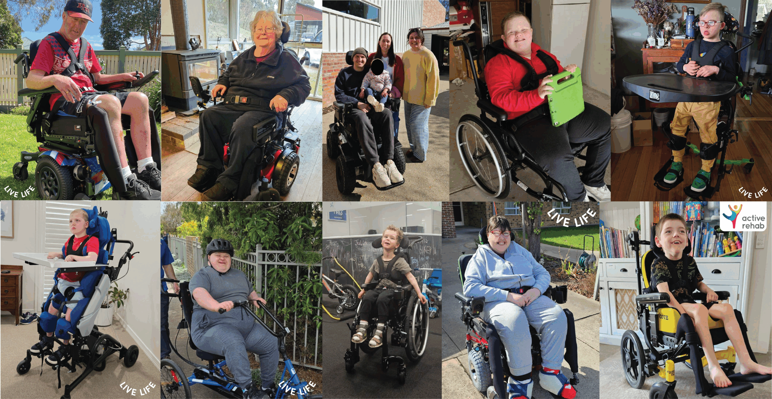 Collage of wheelchair users smiling at home and outdoors, showing mobility and daily life support